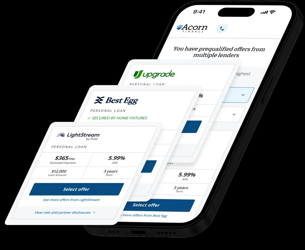 Acorn Finance app showing prequalified loan offers from multiple lenders