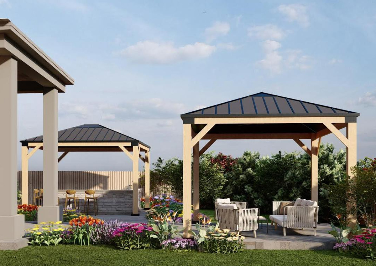 Elegant backyard with two modern pergolas built by expert pergola builders in Fort Worth, TX, creating stylish shaded outdoor seating areas.