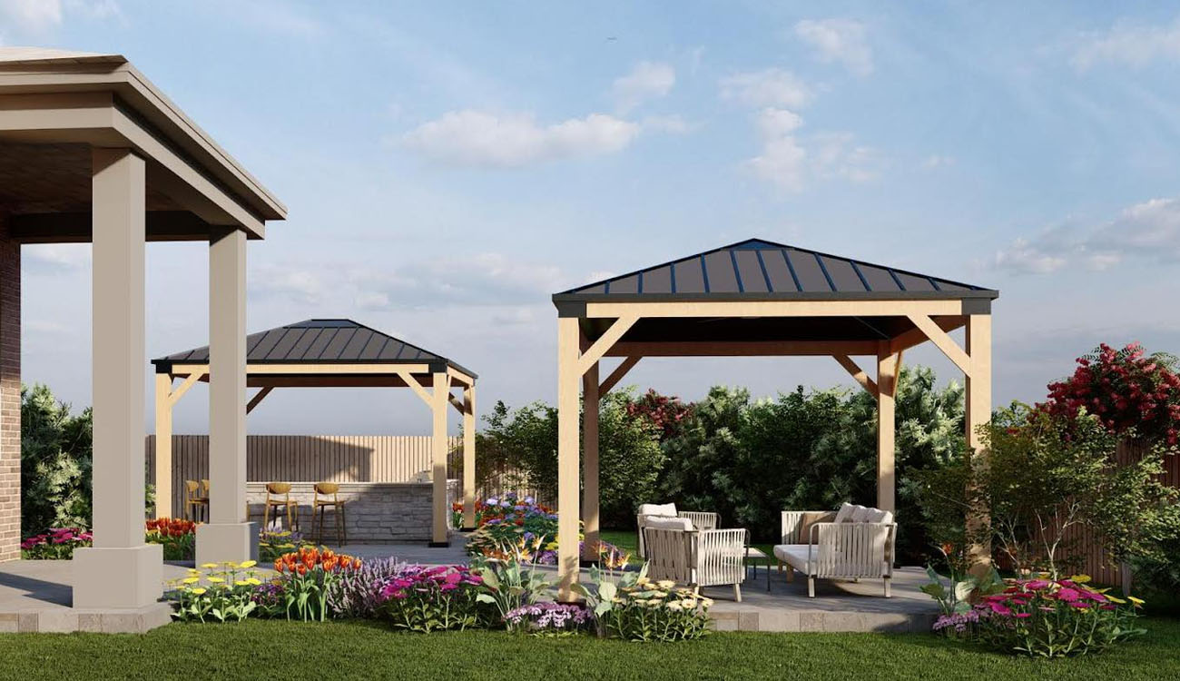 Spacious backyard features multiple gazebos, landscaped gardens, and comfortable seating zones for outdoor relaxation.