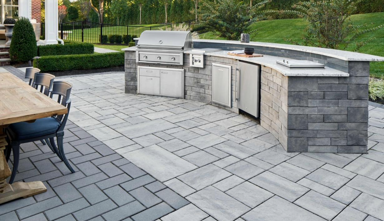modern outdoor kitchen ideas with pergola and lighting